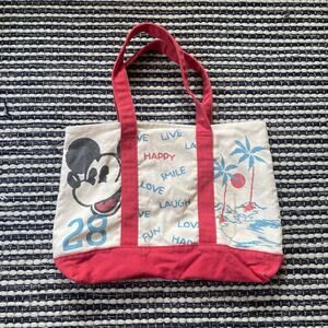 🌿Disney x Junk Food Mickey Mouse Red Beige Beach Canvas Pocket Tote Bag